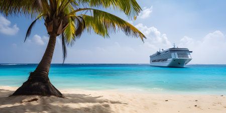 Large cruise liner in the background with a palm tree on white sand coral beach. Neural network generated in May 2023. Not based on any actual person, scene or pattern.の素材