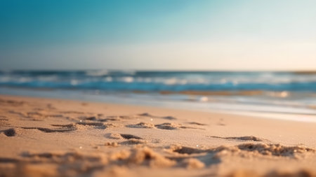 Closeup sea surf and sand beach at sunny day. Neural network generated in May 2023. Not based on any actual scene or pattern.の素材