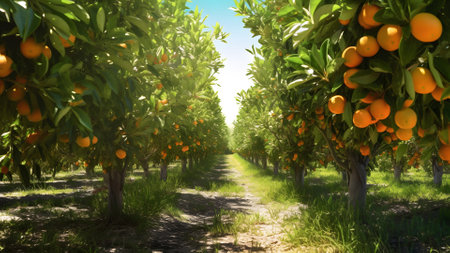 Oranges Ripening at Agriculture Farm at sunny summer day. Neural network generated in May 2023. Not based on any actual person, scene or pattern.の素材