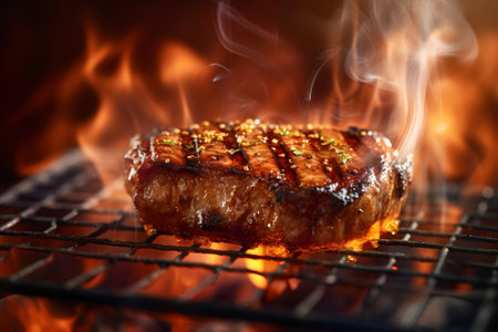 Tasty beef steak lying on steel grate with fire flames around. Neural network generated in May 2023. Not based on any actual scene or pattern.の素材