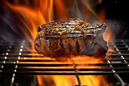 Tasty beef steak lying on steel grate with fire flames around. Neural network generated in May 2023. Not based on any actual scene or pattern.の素材