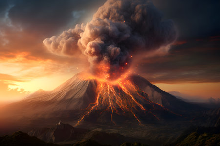 generic volcano eruption at day time. Neural network generated in May 2023. Not based on any actual scene or pattern.の素材