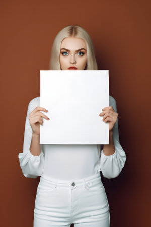 caucasian woman holding a blank sheet of paper on brown background. Neural network generated in May 2023. Not based on any actual person, scene or pattern.の素材
