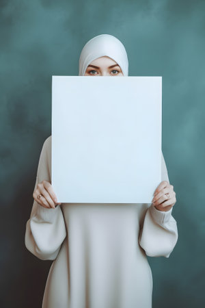 woman holding a blank sheet of paper. Neural network generated in May 2023. Not based on any actual person, scene or pattern.の素材