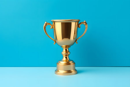 gold trophy cup on blue background. Neural network generated in May 2023. Not based on any actual person, scene or pattern.の素材