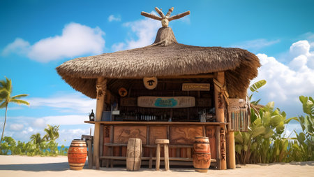 tiki bar on the beach with a palm tree and a blue sky with clouds in the background. Neural network generated in May 2023. Not based on any actual person, scene or pattern.の素材