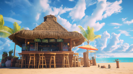 tiki bar on the beach with a palm tree and a blue sky with clouds in the background. Neural network generated in May 2023. Not based on any actual person, scene or pattern.の素材