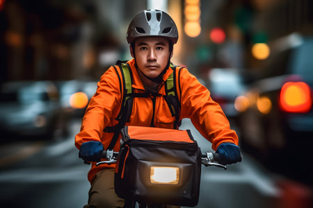 A food delivery asian man riding a bike, wearing a bright orange delivery uniform in the busy city streets at day time. Neural network generated in May 2023. Not based on any actual person or scene.の素材