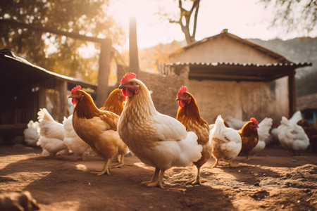 a group of chickens outside a farm in the sun. Neural network generated in May 2023. Not based on any actual scene or pattern.の素材