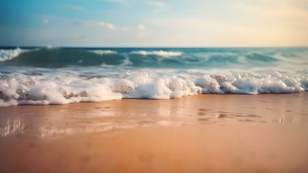 Closeup sea surf and sand beach at sunny day. Neural network generated in May 2023. Not based on any actual scene or pattern.の素材