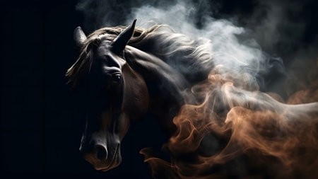 artisticly lit horse head with smoke and fumes on black background. Neural network generated in May 2023. Not based on any actual scene or pattern.の素材
