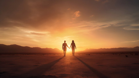 A heterosexual human couple silhouettes holding hands and walking towards dawn at desert. Neural network generated in May 2023. Not based on any actual person, scene or pattern.の素材