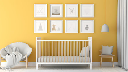 Bright white minimalist nursery wall with frames above cradle. Neural network generated in May 2023. Not based on any actual person, scene or pattern.の素材