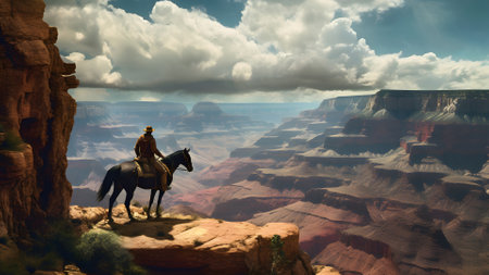 cowboy on the horse at edge of the grand canyon. Neural network generated in May 2023. Not based on any actual person, scene or pattern.の素材