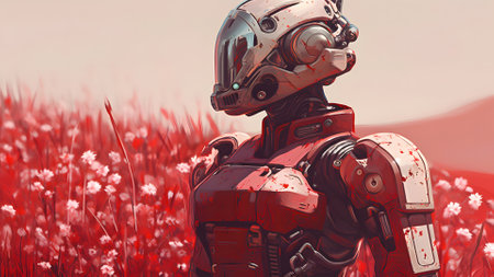 robot girl in armor standing in a field of poppies. Neural network generated in May 2023. Not based on any actual person, scene or pattern.の素材