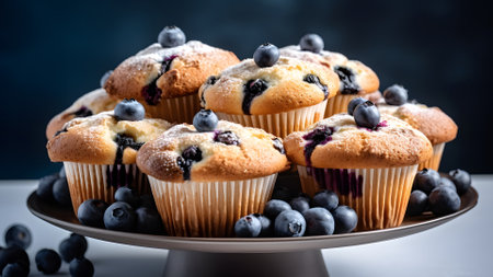stainless steel plate with gorgeous delicious keto blueberry muffins. Neural network generated in May 2023. Not based on any actual scene or pattern.の素材