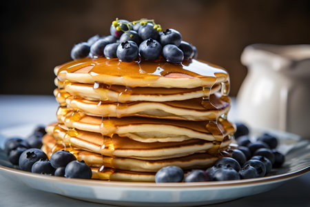 gorgeous delicious pancakes with honey and blueberries under daylight in nordic style. Neural network generated in May 2023. Not based on any actual scene or pattern.の素材