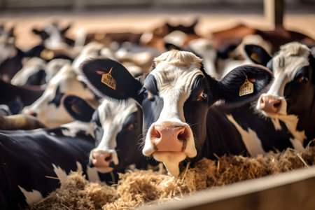 Group of cows at cowshed eating hay or fodder on dairy farm. Neural network generated in May 2023. Not based on any actual person, scene or pattern.の素材