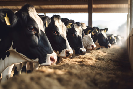 Row of black and white cows at cowshed on dairy farm. Neural network generated in May 2023. Not based on any actual person, scene or pattern.の素材