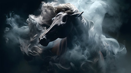 artisticly lit horse head with smoke and fumes on black background. Neural network generated in May 2023. Not based on any actual scene or pattern.の素材