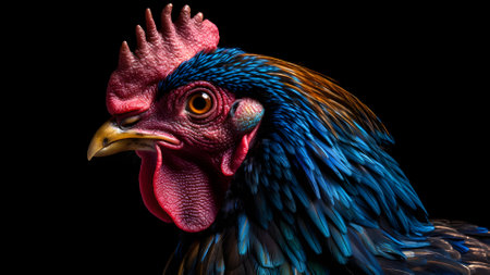 gorgeous colorful rooster close portrait on black background. Neural network generated in May 2023. Not based on any actual person, scene or pattern.の素材