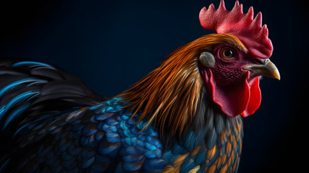 gorgeous colorful rooster close portrait on black background. Neural network generated in May 2023. Not based on any actual person, scene or pattern.の素材