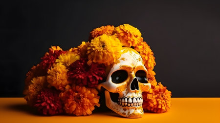 Dia De Los Muertos or Day of the Dead golden scull and flowers on yellow surface with black background. Not based on actual scene or pattern.の素材