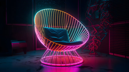 neon wire chair with a yellow pink and blue glow on dark background. Neural network generated in May 2023. Not based on any actual scene or pattern.の素材