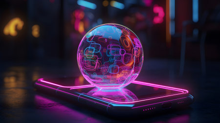 cellphone laid with screen up with neon glowing sphere on its surface on dark background. Neural network generated in May 2023. Not based on any actual scene or pattern.の素材
