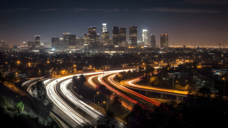 night cityscape skyline view of downtown Los Angeles style western city. Neural network generated in May 2023. Not based on any actual scene or pattern.の素材