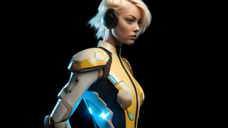 Pretty young adult caucasian woman with white hair wearing cybernetic jacket in cyberpunk setting. Neural network generated in May 2023. Not based on any actual person, scene or pattern.の素材