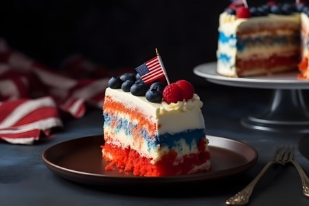 Piece of cake in colors of American flag. Independence day concept. Neural network generated in May 2023. Not based on any actual scene or pattern.の素材