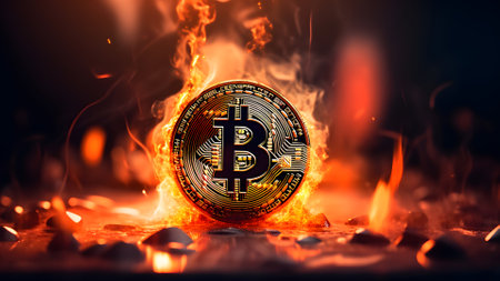 bitcoin on fire. Neural network generated in May 2023. Not based on any actual scene or pattern.の素材
