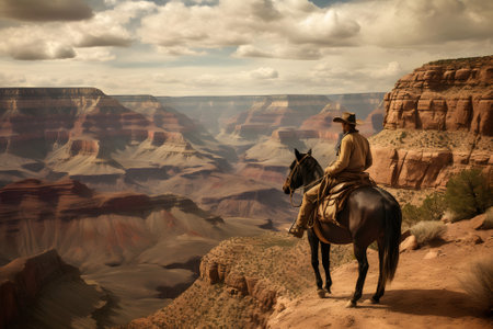 cowboy on the horse at edge of the grand canyon. Neural network generated in May 2023. Not based on any actual person, scene or pattern.の素材