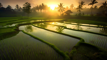 ricefields with intense light green color in the sunrise. Neural network generated in May 2023. Not based on any actual scene or pattern.の素材