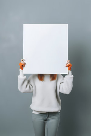 woman holding a blank sheet of paper on grey background. Neural network generated in May 2023. Not based on any actual person, scene or pattern.の素材