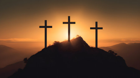 crucifixion, religion and christianity concept - silhouettes of three crosses on calvary hill on suset sky background. Neural network generated in May 2023. Not based on any actual scene or pattern.の素材