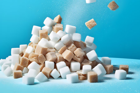 white and brown sugar cubes piled on a bright blue background. Neural network generated in May 2023. Not based on any actual scene or pattern.の素材