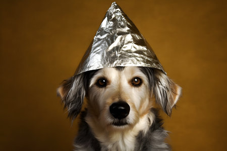 suspicious dog wearing foil hat on brown background. Neural network generated in May 2023. Not based on any actual scene or pattern.の素材