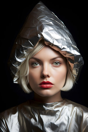 suspicious caucasian woman in foil hat looking into camera. Neural network generated in May 2023. Not based on any actual person, scene or pattern.の素材