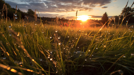 dew drops on morning grass at summer sunrise in the wild meadow. Neural network generated in May 2023. Not based on any actual scene or pattern.の素材
