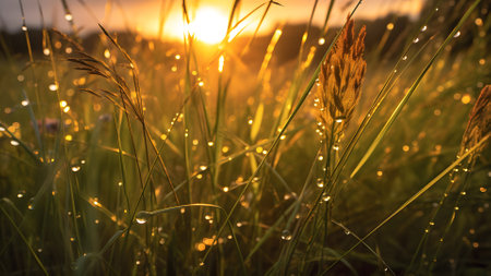 dew drops on morning grass at summer sunrise in the wild meadow, neural network generated photorealistic imageの素材