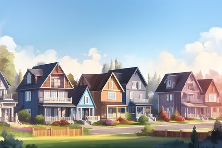 Perfect american neighbourhood. Houses in suburban area at summer day, neural network generated imageの素材