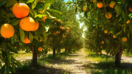 Oranges Ripening at Agriculture Farm at sunny summer day, neural network generated photorealistic imageの素材