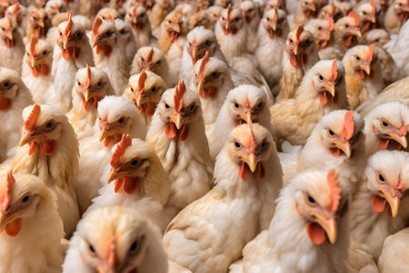 a lot of chickens waiting to be fed up, they are looking at the viewer, neural network generated photorealistic imageの素材