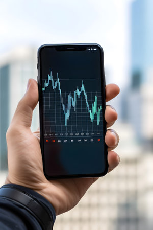 white hand with a cellphone with candlesticks graph on it, neural network generated photorealisitc imageの素材