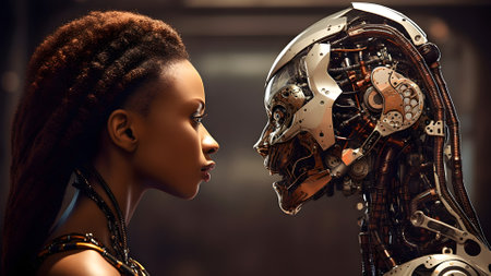 humanoid robot and african american young adult woman face to face looking to each other, neural network generated imageの素材