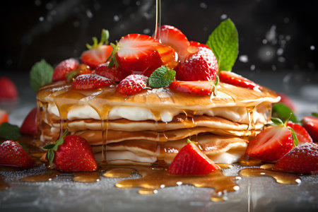 gorgeous delicious pancakes with honey and strawberries under daylight in nordic style, neural network generated photorealistic imageの素材