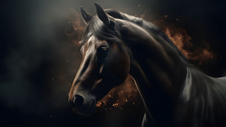 artisticly lit horse head with smoke and fumes on black background, neural network generated imageの素材
