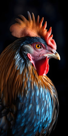 gorgeous colorful rooster close portrait on black background, neural network generated photorealistic imageの素材
